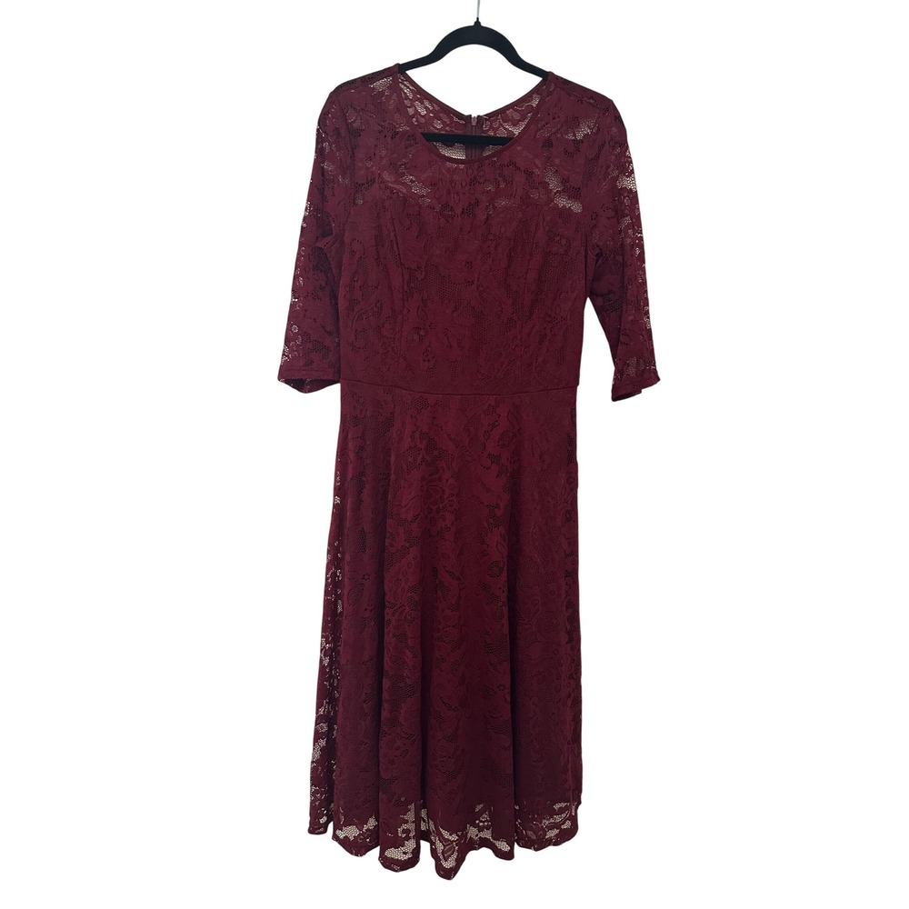 Womans Burgundy Floral Lace Midi Dress 3/4 Sleeve S Fit & Flare Cocktail Evening